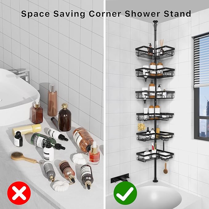 KEGII Corner Shower Organizer, 6-Tier Tension Pole Shower Caddy, Black Floor Standing Corner Shelf for Shower 25-114.2 inch, Waterproof and Rustproof