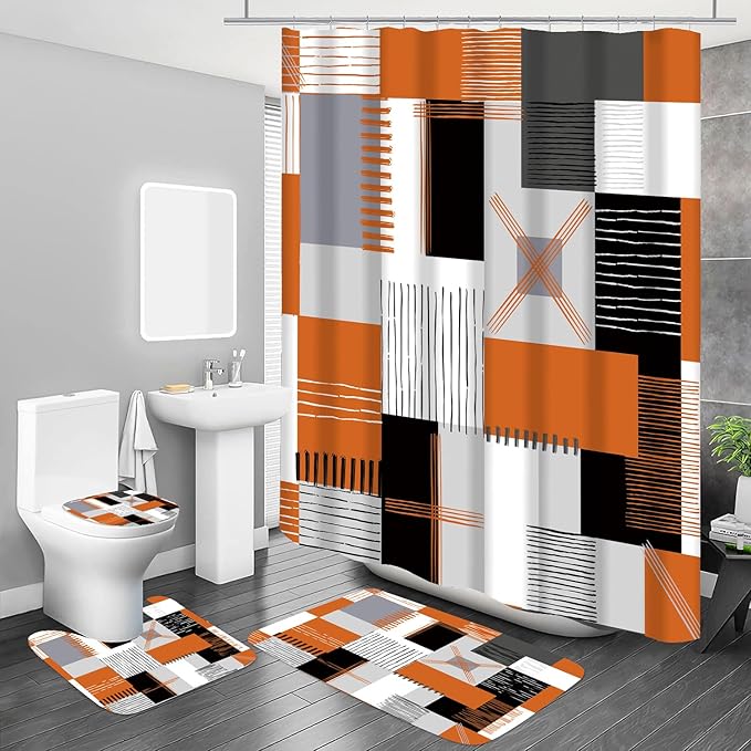 All Smiles Fall Shower Curtain Sets with Non-Slip Rugs,Toilet Lid Cover and Bath Mat, Black and Orange Bathroom Decor Set Accessories Waterproof Shower Curtains