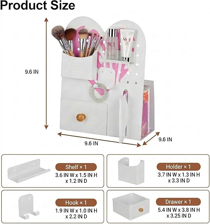 Magnetic Pegboard Organizer for Office Desk, Makeup Vanity, Stationery Storage, Gaming Desktop with 4 Metal Accessories Drawer Holder Hooks Modular - Home Decor Tabletop Display Kids Room - White