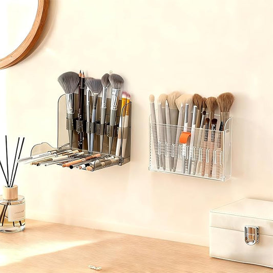 Wall-Mounted Makeup Organizers, 16-Slot Eyeliner Lip Liner Organizer Holder, Open Easy-Access Design, Space-Saving Bathroom Makeup Brush Storage Rack, Transparent Brown