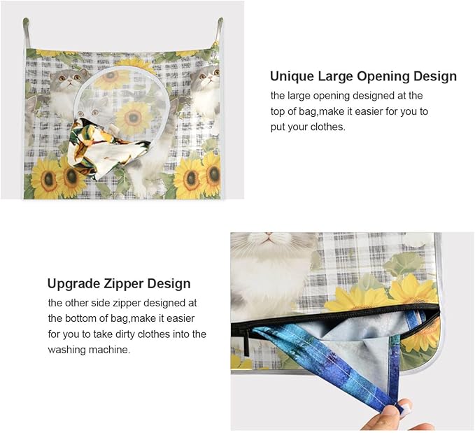 Hanging Laundry Hamper with Stainless Steel Hooks,Oxford Fabric Printing Door Laundry Clothes Bag, 29.5X20inch 2PCS Grey Gingham Scottsih Fold Cat Sunflower