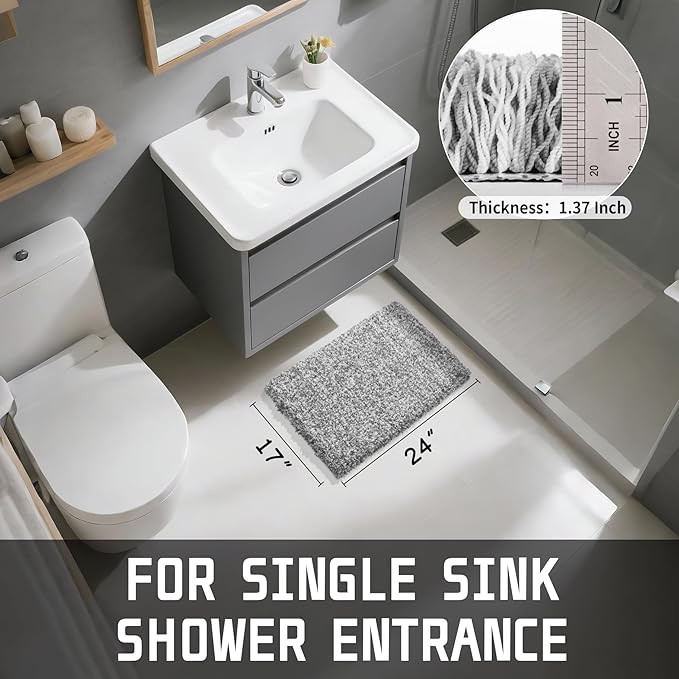 Yimobra Bathroom Rugs Non Slip Washable, Ultra Soft and Water Absorbent Bath Mats, Plush Fluffy Shower Mat Outside, Microfiber Thick Matts for Bathroom Floor/Sink, 24x17, Light Gray and White