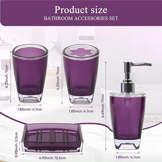 4-Piece Classic Purple Acrylic Bathroom Accessories Set — Soap Dispenser, Toothbrush Holder, Soap Dish & Mouthwash Cup, Vanity Countertop Organizer for Purple Boho Bathroom Decor