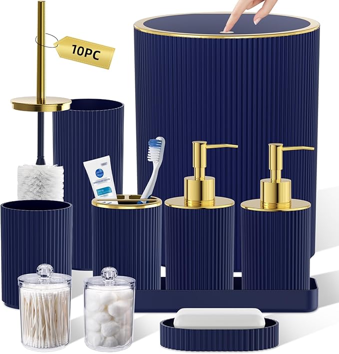 Navy Blue Bathroom Accessories Set, 10PC Bathroom Set, Bath Accessory with Pop Up Trash Can, Soap Dispenser, Toilet Brush, Toothbrush Set Qtip Holders & Tray