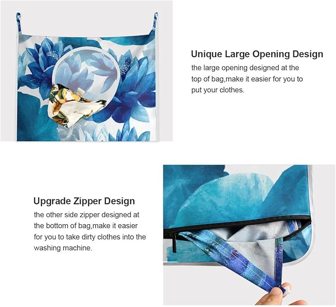 Ink Blue Lotus Flower Hanging Laundry Hamper Door Hampers Bag Basket with Stainless Steel Hooks Oxford Fabric Printing Decorative Clothes Bags 29.5X20inch 1Pack