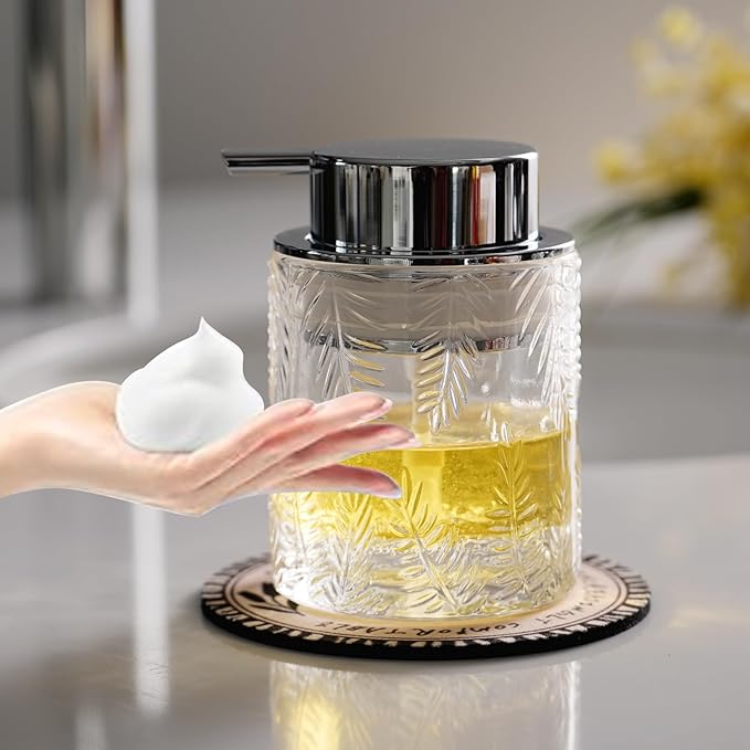 CICUFY Foaming Hand Soap Dispenser - Glass Foam or Lotion Dispenser for Kitchen & Bathroom, Refillable with Large Silver Pump (Leaf Pattern-Clear)