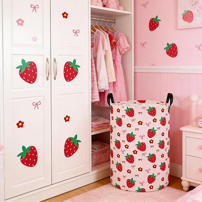 Laundry Hamper Baby Nursery Hamper Waterproof Foldable Kids Laundry Basket Kids Dirty Clothes Hampers Girl Room Decor for Home Gift Baskets(Strawberry Flower)