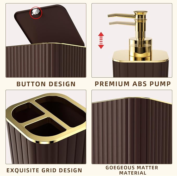 XLHOMO Bathroom Accessories Set - Gorgeous Bathroom Set, 10PC Brown Bathroom Accessories, Bathroom Accessory Set, Toilet Brush, Trash Can, Qtip Holder Dispenser & Soap Dispenser