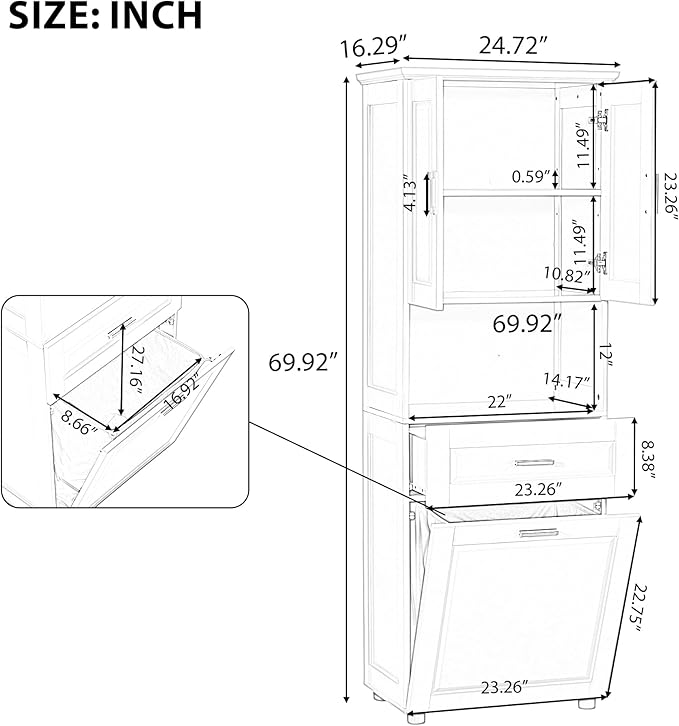 Virubi Laundry Cabinet with Tilt Out Laundry Hamper and Drawer, Wood Tall Bathroom Storage Cabinet with Doors and Adjustable Shelves, Freestanding