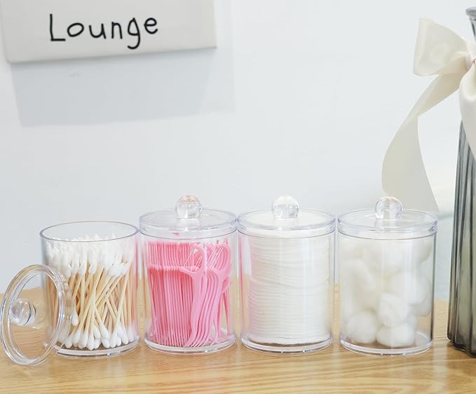 4 Pack Acrylic Qtip Holder Dispenser,Canisters Apothecary Jar Set, Bathroom Organizers and Storage,10 oz with 1Gap