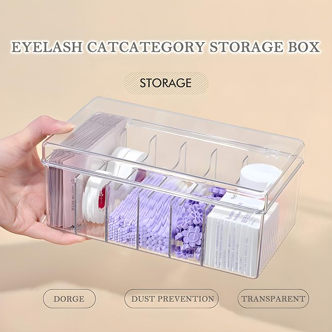 Lash Extension Organizer Box, Acrylic Eyelash Extension Supplies Storage Container Lash Cart Organizer for Lash Techs Eyelash Beauty Case with Lid Lashes Supplies Storage Box (Clear)