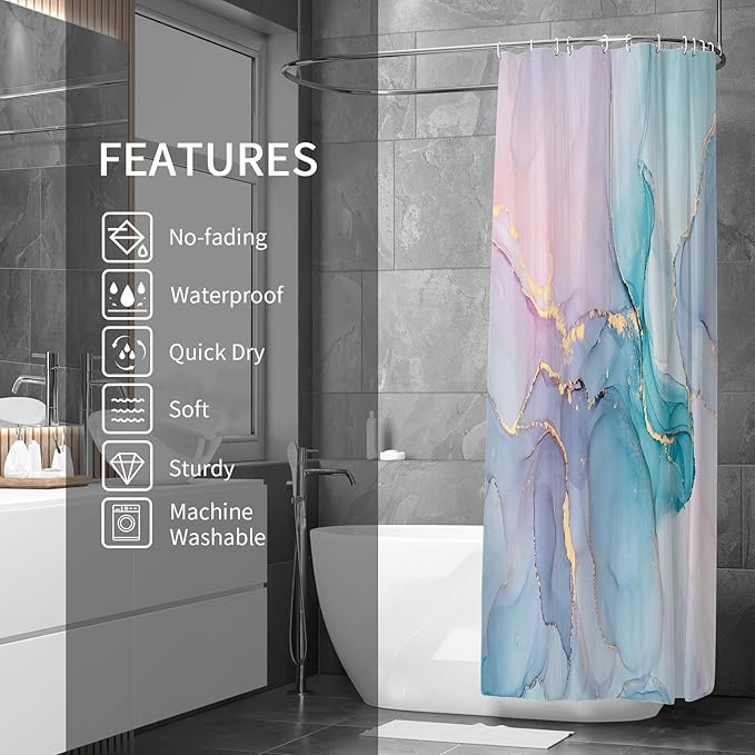 Gibelle Abstract Marble Shower Curtain, Watercolor Pink Turquoise Shower Curtain for Bathroom, Modern Ink Art Decor Waterproof Fabric Shower Curtain Set with Hooks, 71x71