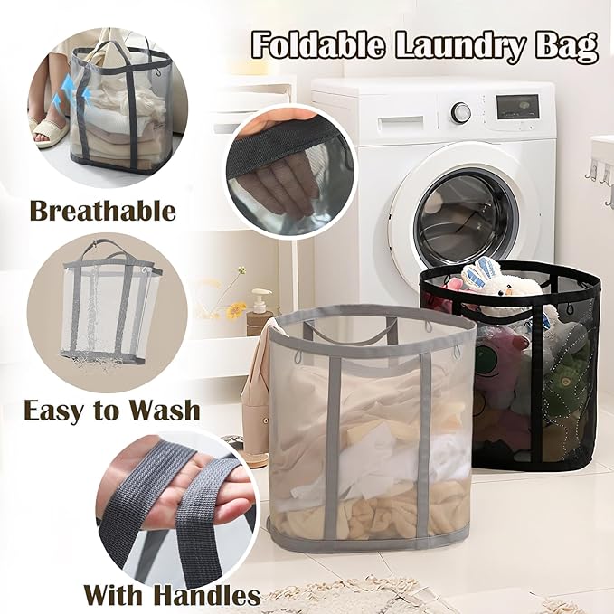 Collapsible Laundry Basket, Mesh Bag with Handles, Foldable Laundry Bag, Breathable Folding Beach Bag,Space-saving Tote Bags for Laundry, Bathroom, Dorm or Travel (Black, 45L)