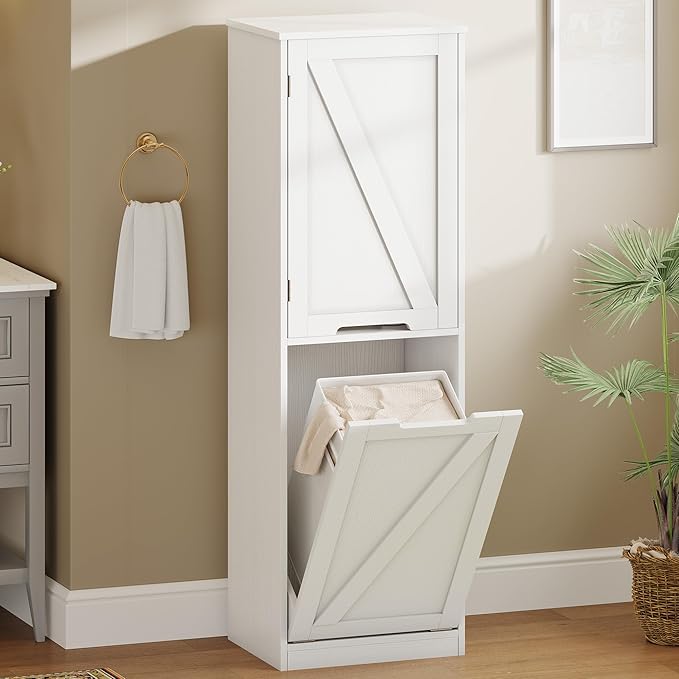 YITAHOME 53" Tall Bathroom Storage Cabinet, Tilt Out Laundry Hamper Cabinet Freestanding Storage Cabinet with Basket Hidden Laundry Hamper, White