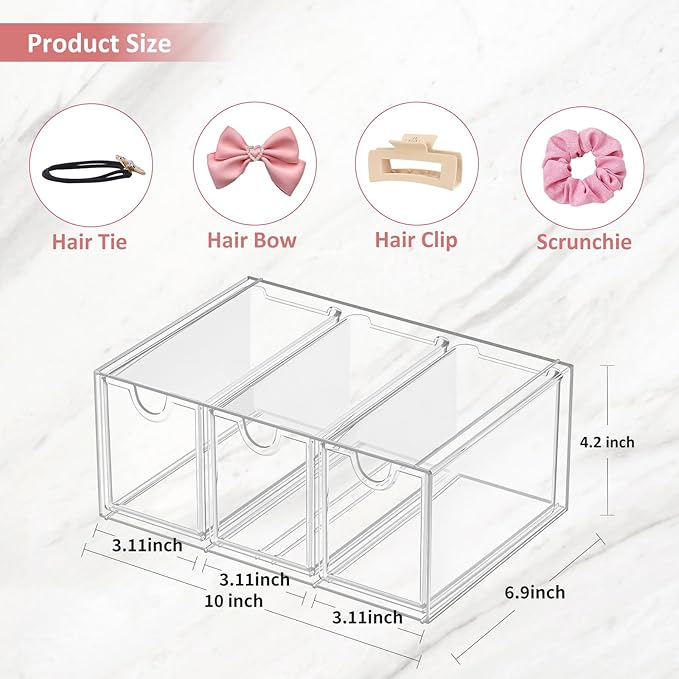 Hair Accessories Organizer for Girls, Clear Acrylic Hair Tie Bow Claw Clip Scrunchie Holder with 3 Drawers, Cute Stackable Storage Container Caddy Box for Bathroom Vanity Countertop