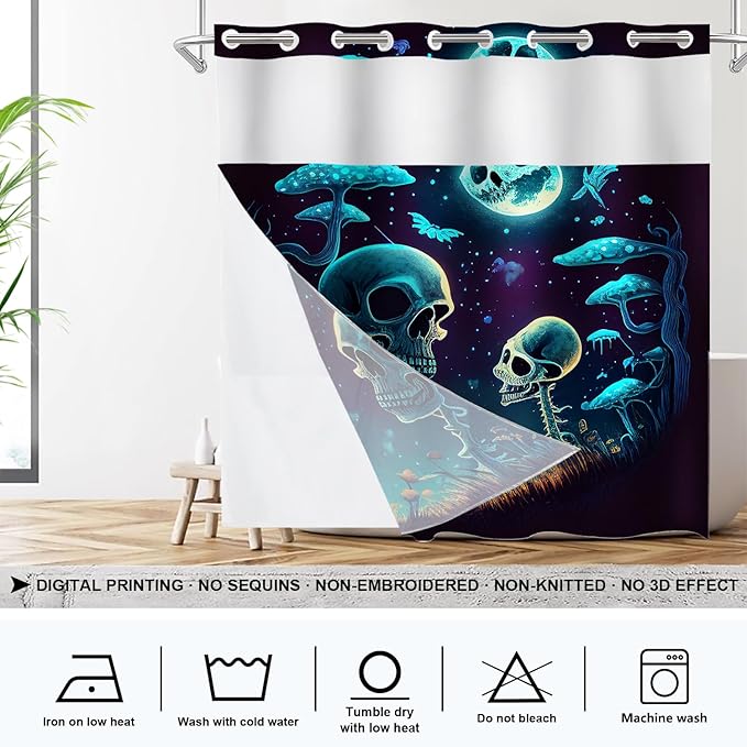 Shrahala Happy Halloween Funny No Hooks Shower Curtain with Snap in Liner Set, Skeletons Grass Mushrooms Starry Sky Bathroom Décor Polyester Fiber Waterproof for Stall Bathtubs 71 x 74 in