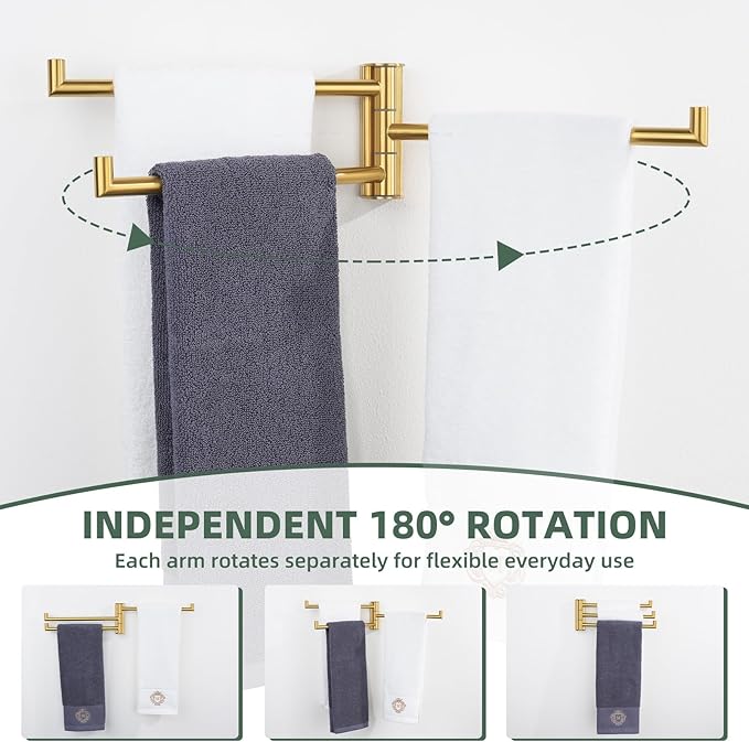 Aomasi Brushed Gold Swivel Towel Rack, 304 Stainless Steel 3-Arm Rotating Bathroom Towel Bar, Rustproof Space-Saving Holder for Kitchen, RV, Laundry Room