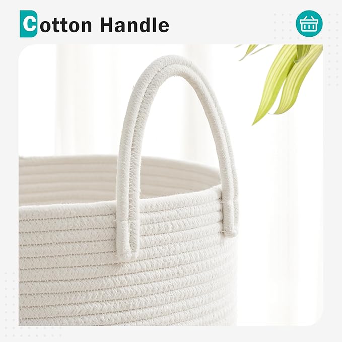 Cotton Rope Laundry Hamper by YOUDENOVA, 58L - Woven Collapsible Laundry Basket - Clothes Storage Basket for Blankets, Laundry Room Organizing, Bedroom Storage, Clothes Hamper – White