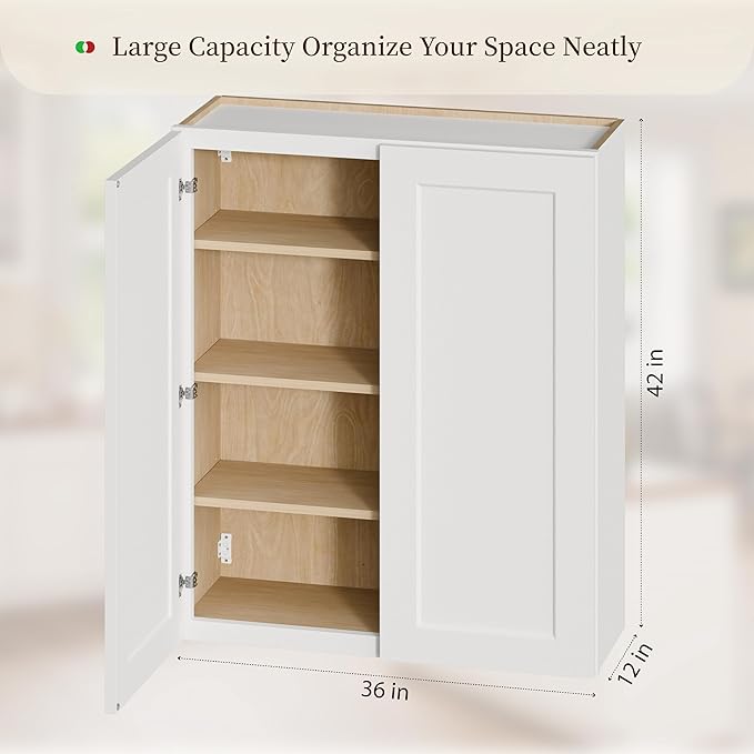 Kisart Laundry Room Cabinets Wall Mounted with Doors & Shelves, Solid Wood RTA Medicine Storage Cabinet, 36" Wx36 Hx12 D Inch White Shaker Hanging Cupboard, Space-Saving for Kitchen, Bathroom, Garage