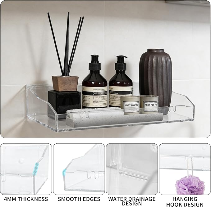 4PCS Acrylic Shelves for Wall Clear Floating Shelf Adhesive or Screws of Installation Bathroom Shelf Organizer Wall Storage Display for Bedroom Living Room Kitchen