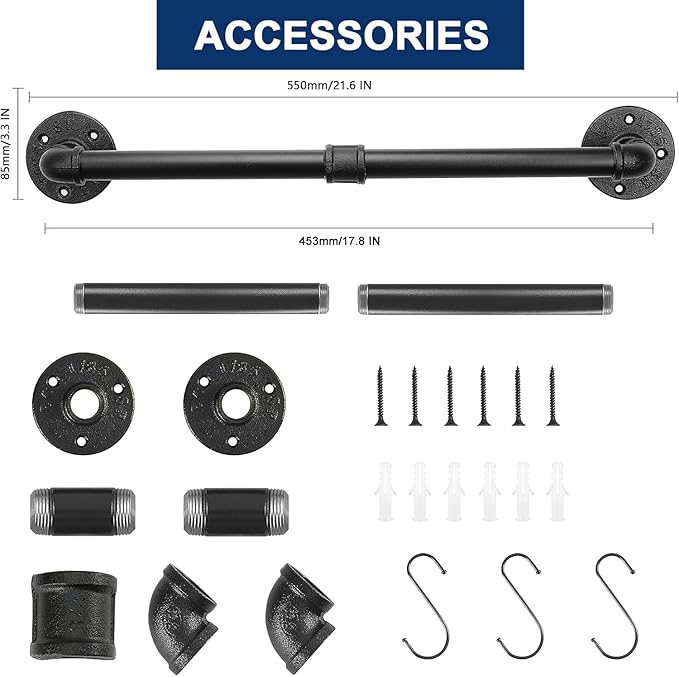 NearMoon Industrial Pipe Towel Bar, Heavy Duty Bathroom Hardware Towel Holder Accessory, Wall Mounted DIY Rustic Iron Bathroom Towel Rack Holder (18 Inch, Black)