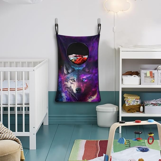 ZOUTAIRONG Cool Galaxy Wolf Hanging Hamper for Dirty Clothes Over the Door Laundry Hamper Laundry Basket Hanging Shelf Closet Storage Organizer Hamper Laundry Bag for Bedroom Purple