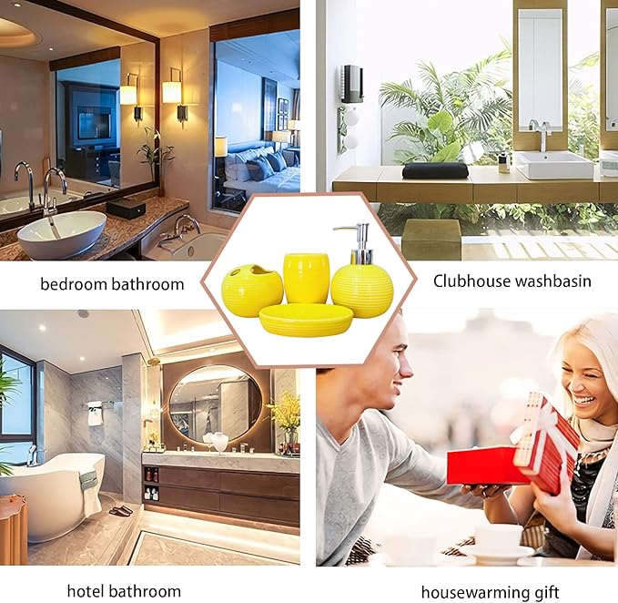Bathroom Accessories Set 4 Piece Yellow Ceramic Bathroom Decor Accessory Set with Toothbrush Holder,Lotion Dispenser, Soap Dish,Cup