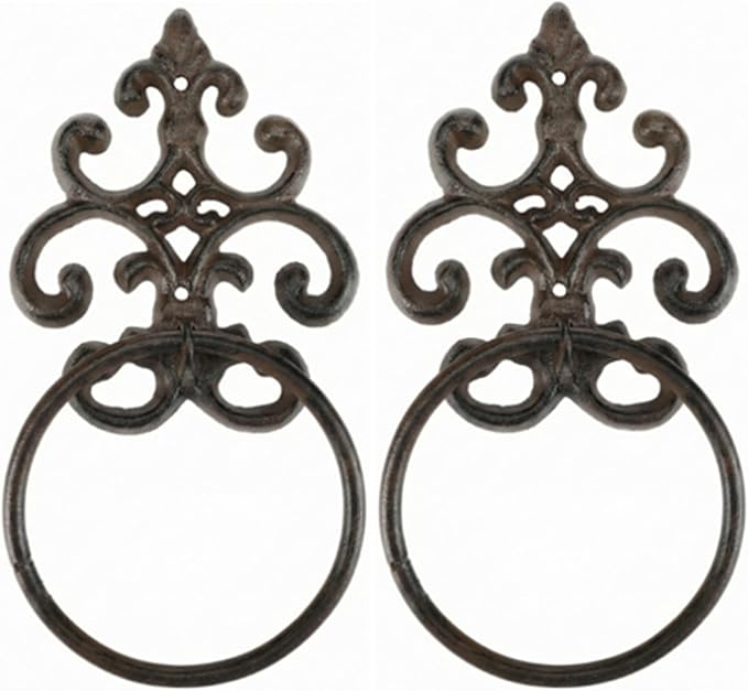 2 Pcs Dark Rust Vintage Cast Iron Solid Towel Ring Fleur De Lis Design Antique Towel Holder for Bathroom Kitchen Accessories Wall Mounted Christmas Party Gifts