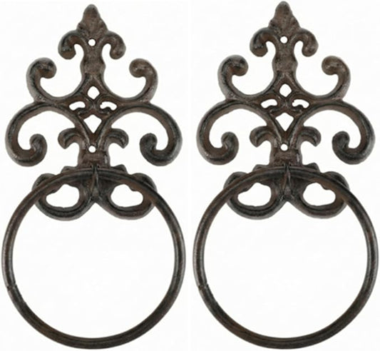 2 Pcs Dark Rust Vintage Cast Iron Solid Towel Ring Fleur De Lis Design Antique Towel Holder for Bathroom Kitchen Accessories Wall Mounted Christmas Party Gifts
