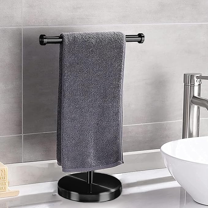 Hand Towel Holder,15 INCH T-Shape Hand Towel Holder Standing,Stainless Steel Hand Towel Rack for Bathroom Kitchen Countertop,Tower Bar for Kitchen Hand Towel Rack with Heavy Base,Black