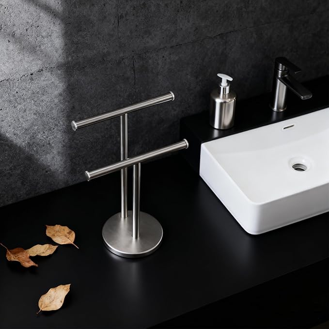 Hand Towel Holder, NEWRAIN Double Countertop Hand Towel Holder Stand, Stainless Steel Free Standing Hand Towel Rack with Heavy Base, for Bathroom Kitchen & Counter top, Brushed Nickel