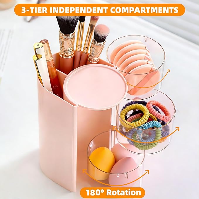 3-Layer Rotating Makeup & Jewelry Organizer with Hair Brush Holder, Vanity Organizer for Earrings, Necklaces, Rings, Bracelets, Hair Clips and Makeup Brushes (Pink)
