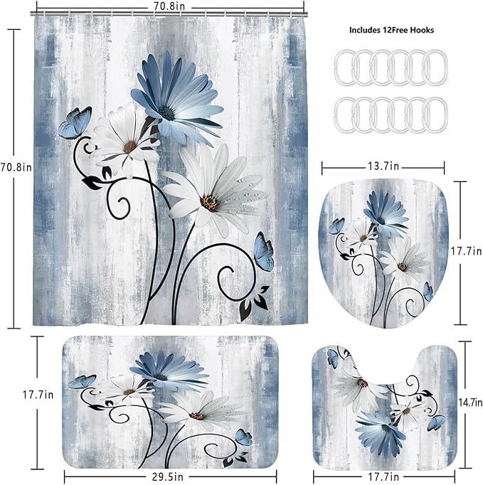 NBVKO 4PCS Rustic Blue Flower Farmhouse Shower Curtain Set,Waterproof Blue Daisy Floral Bathroom Decor Accessory Set