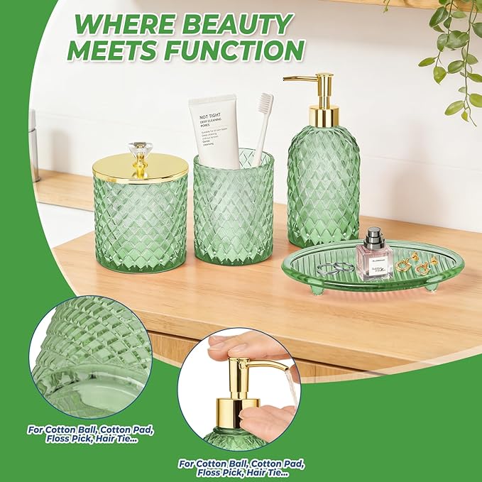 Jenseits Emerald Green Glass Bathroom Set 4 Piece - Luxury Diamond Textured Bathroom Accessories - Soap Dispenser, Vanity Tray, Toothbrush Holder, Apothecary Jar - Boho Style Home Decor
