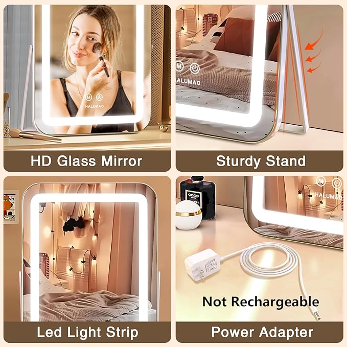 halumao Vanity Mirror with Lights, 14.5" Light Up Makeup Mirror, LED Makeup Mirror with Lights for Bedroom Tabletop, Smart Touch Control 3 Colors Dimmable, 360° Rotation