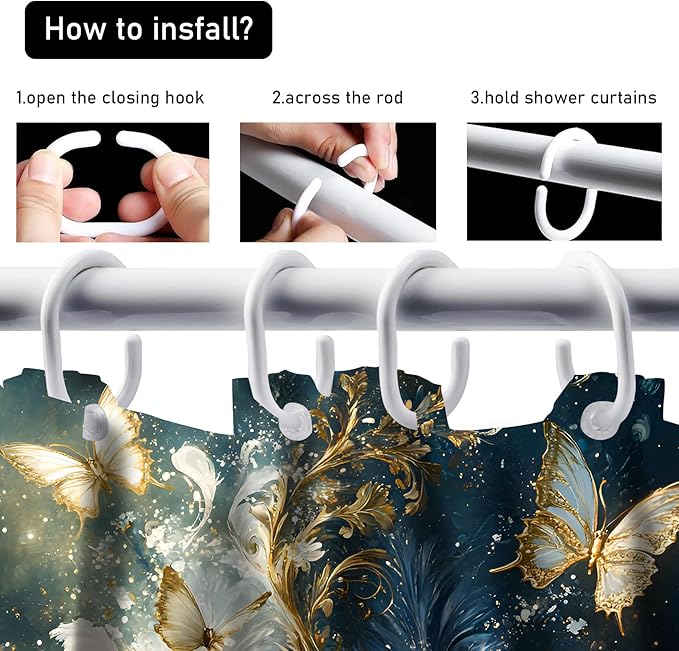 AZHM Luxury Dark Blue Gold Feather and Butterfly Shower Curtain Set 4 PCS Glittery Art Bathroom Decor Set with Non-Slip Rugs, Toilet Lid Cover & Bath Mat
