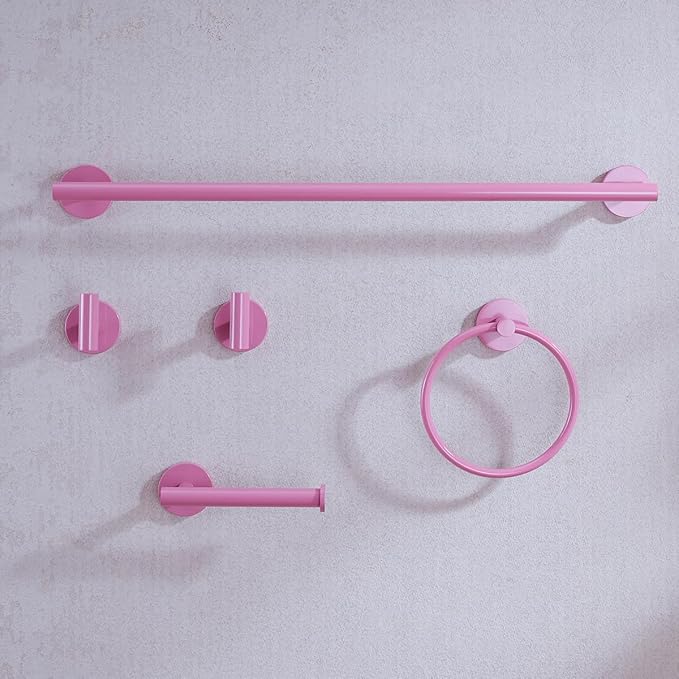 Pink Bathroom Accessories Set,5 Pieces Bathroom Hardware Set,24 inch Towel Bar,Towel Ring for Bathroom,Robe Towel Hooks,Toilet Paper Holder Wall Mounted(Drilling),SE96006S-5PK