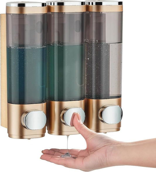 pollock Shampoo Conditioner Dispenser Shower Soap Dispenser 3 Chamber No Drill Shampoo Dispenser for Shower Wall Mounted Shampoo Conditioner Body Wash Dispenser for Bathroom Hotel Gold