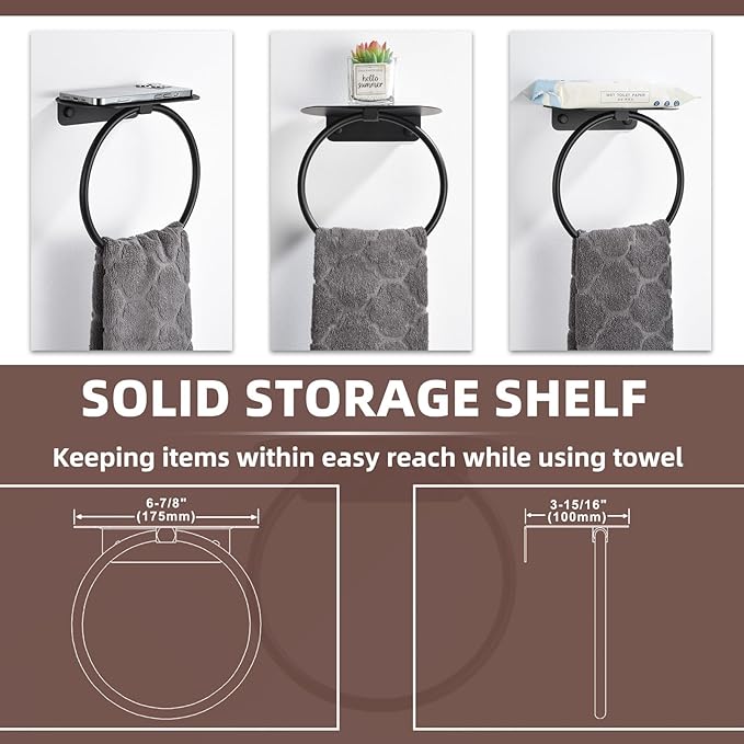 APLusee Matte Black Bath Towel Ring with Shelf, Stainless Steel Towel Holder, Wall Mount