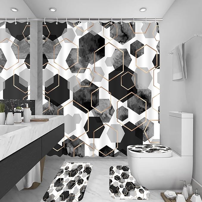 Muuyi 4Pcs Black White Geometric Shower Curtain Set, Neutral Modern Art Deco Shower Curtain with Hooks, Elegant Trendy Simple Bathroom Sets with Shower Curtain and Rugs, 71 * 71in
