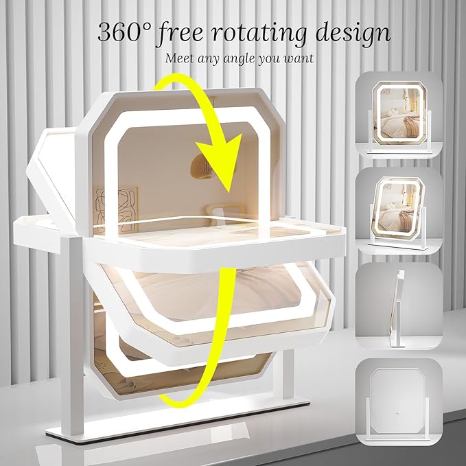 Lighted Makeup Mirror, 3 Colors for Precise Application, Touch Control Brightness Adjustment for Easy Use, with a Detachable 10x Magnifying Mirror, 12" x 10" Hollywood Vanity Mirror for Plug-in Use