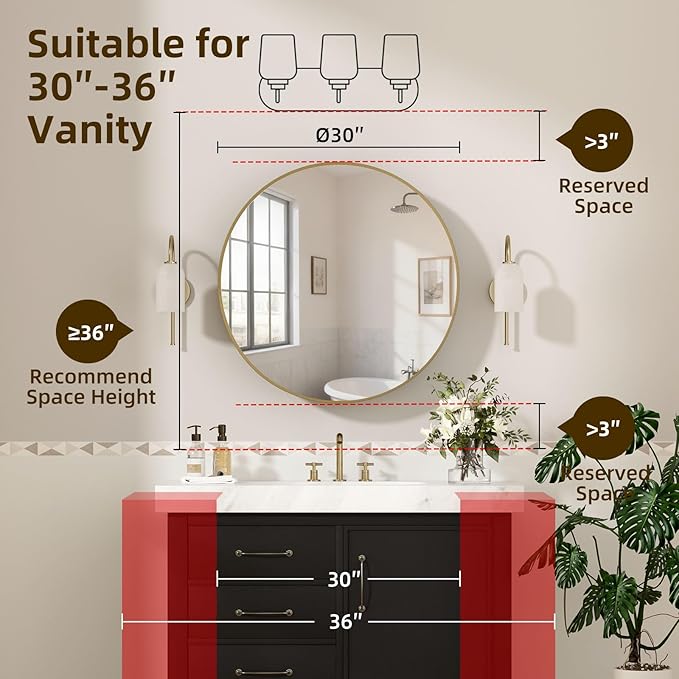 30 x 30 in Round Gold Mirror Medicine Cabinet Surface Mounted, Circular Modern Bathroom Medicine Cabinet with Mirror, Metal Framed Medicine Cabinets with Tempered Glass Mirror