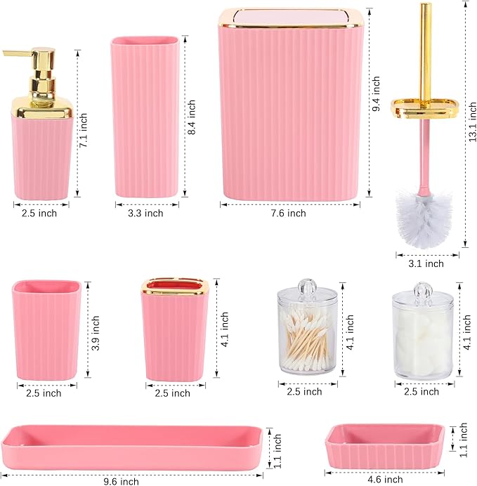 Pink Bathroom Set, 23 PCS Pink Bathroom Accessories Set with Shower Curtains, Trash Can, Toothbrush Holder, Soap Dispensers, Toothbrush Cup, Vanity Tray, Soap Dish, Toilet Brush, Qtip Holders