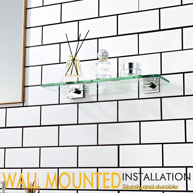 KOKOSIRI Floating Glass Shelf Bathroom Shelves Wall Mount 16-Inch Hanging Rack for Shower Storage Home Decor, Polished Stainless Steel B1107CH-L16