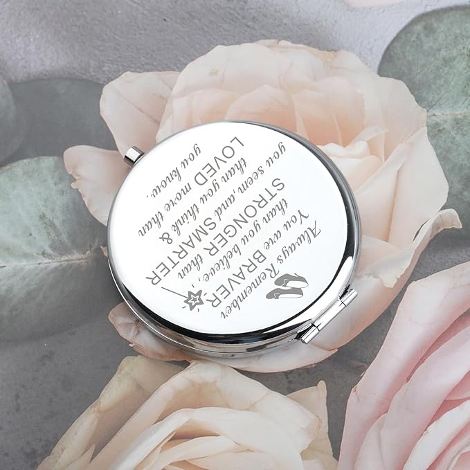 BAUNA Always Remember You are Braver Than You Believe Inspirational Pocket Makeup Mirror for Women (W Mirror Steel Color)
