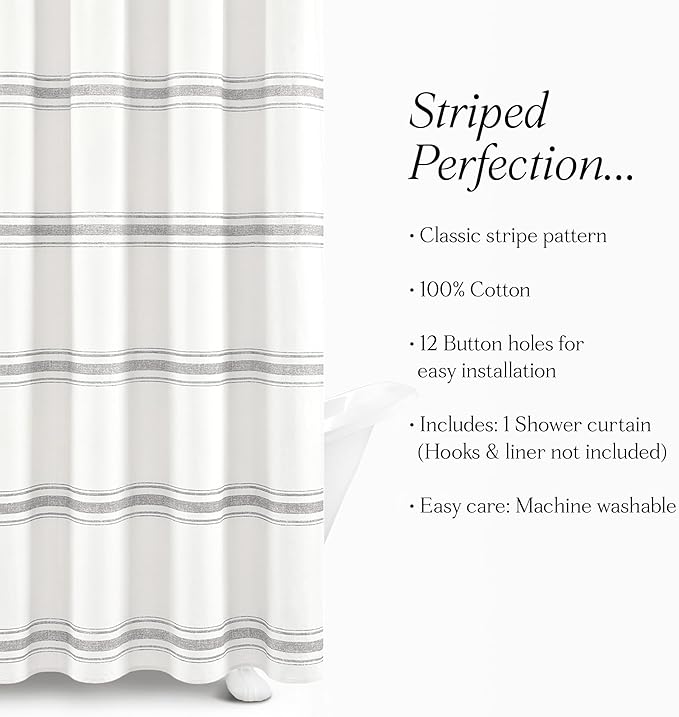Lush Decor Farmhouse Stripe Cotton Shower Curtain, 72" W x 72" L, Gray - Striped Bathroom Curtain - Fabric Shower Curtains - Farmhouse Bathroom Decor