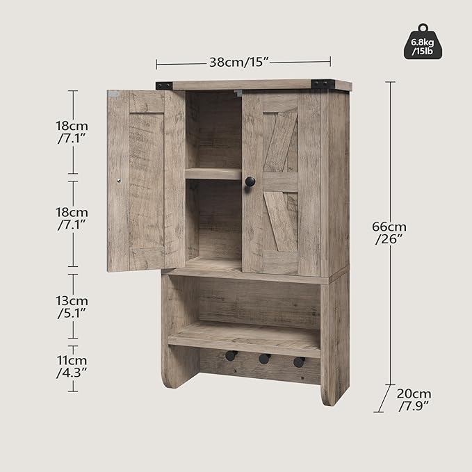 MAHANCRIS Bathroom Wall Cabinet, Farmhouse Medicine Cabinet with Adjustable Shelf, 3-Tier Wall-Mounted Storage Cabinet with 3 Hooks and Open Shelf, for Bathroom, Living Room, Kitchen, Greige