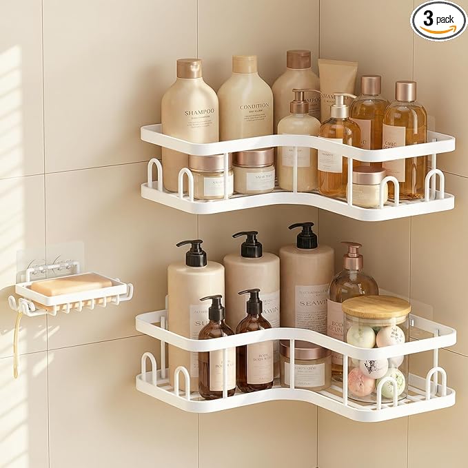 Veken Corner Adhesive Shower Caddy 3-Pack with Soap Holder&Hooks,No Drilling Shower Shelves,Rustproof & Waterproof Bathroom Organizers and Storage,Rack for Small Spaces, Kitchen&Rental-Friendly,White