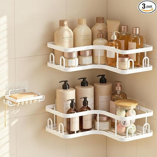 Veken Corner Adhesive Shower Caddy 3-Pack with Soap Holder&Hooks,No Drilling Shower Shelves,Rustproof & Waterproof Bathroom Organizers and Storage,Rack for Small Spaces, Kitchen&Rental-Friendly,White