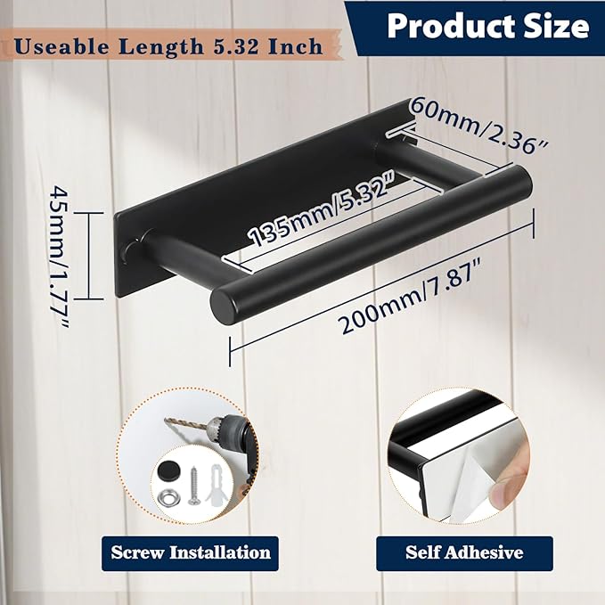 Alise Adhesive Towel Bar Black,Towel Racks for Bathroom Wall Mounted,Bathroom Towel Rack SUS304 Stainless Steel,Towel Holder for Kitchen/Bathroom Hardware Decoration,Sticky or Screw-Mounted,8 Inch